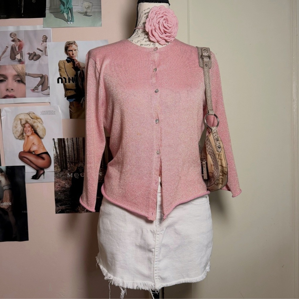 Y2K RELAIS Metallic Pink Cropped Cardigan